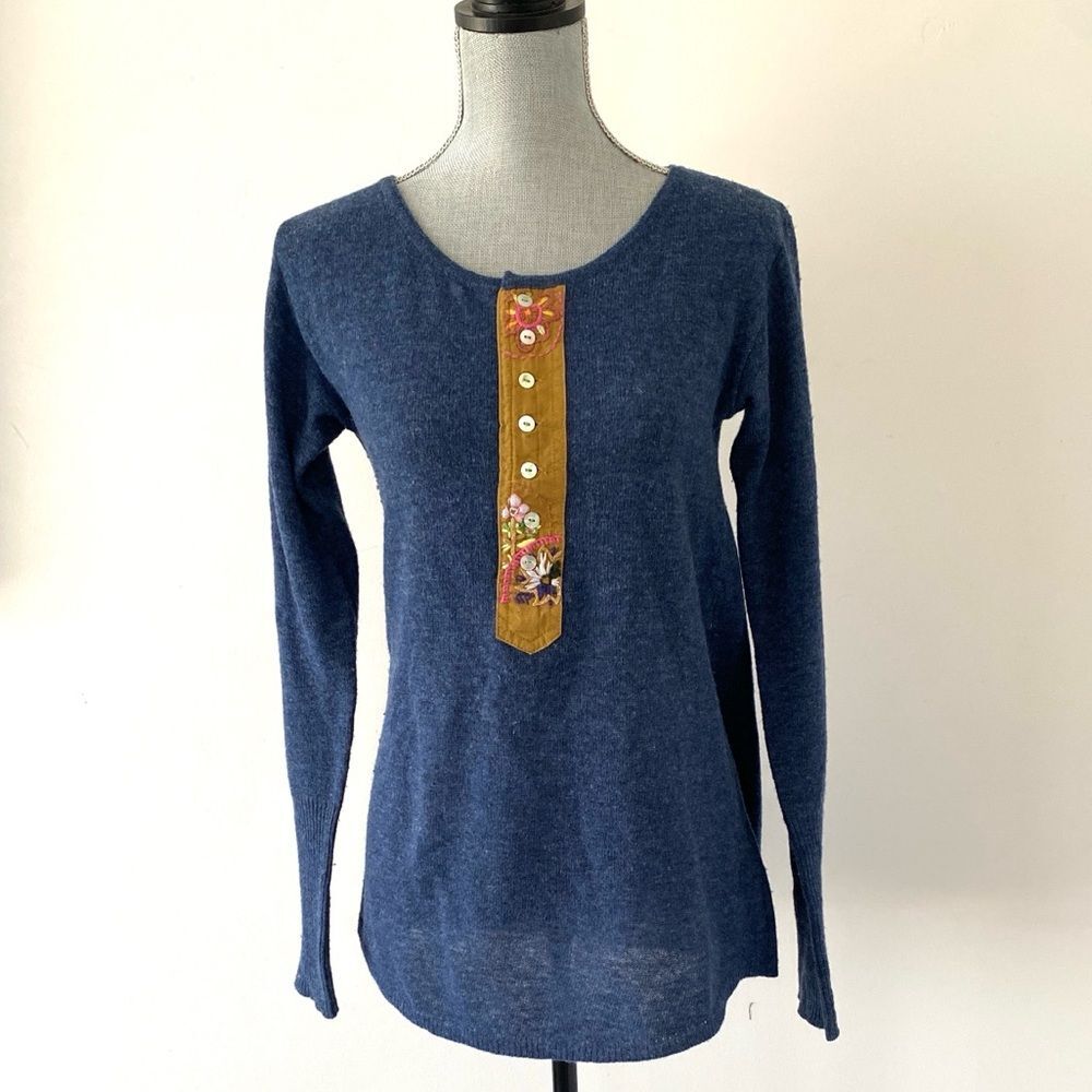 VTG Free People Embroidered Blue Long Sleeve Wool Sweater sz SP Boho Cottage